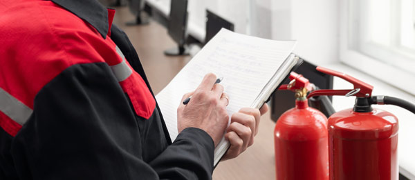 Fire extinguishers being checked during a fire risk assessment